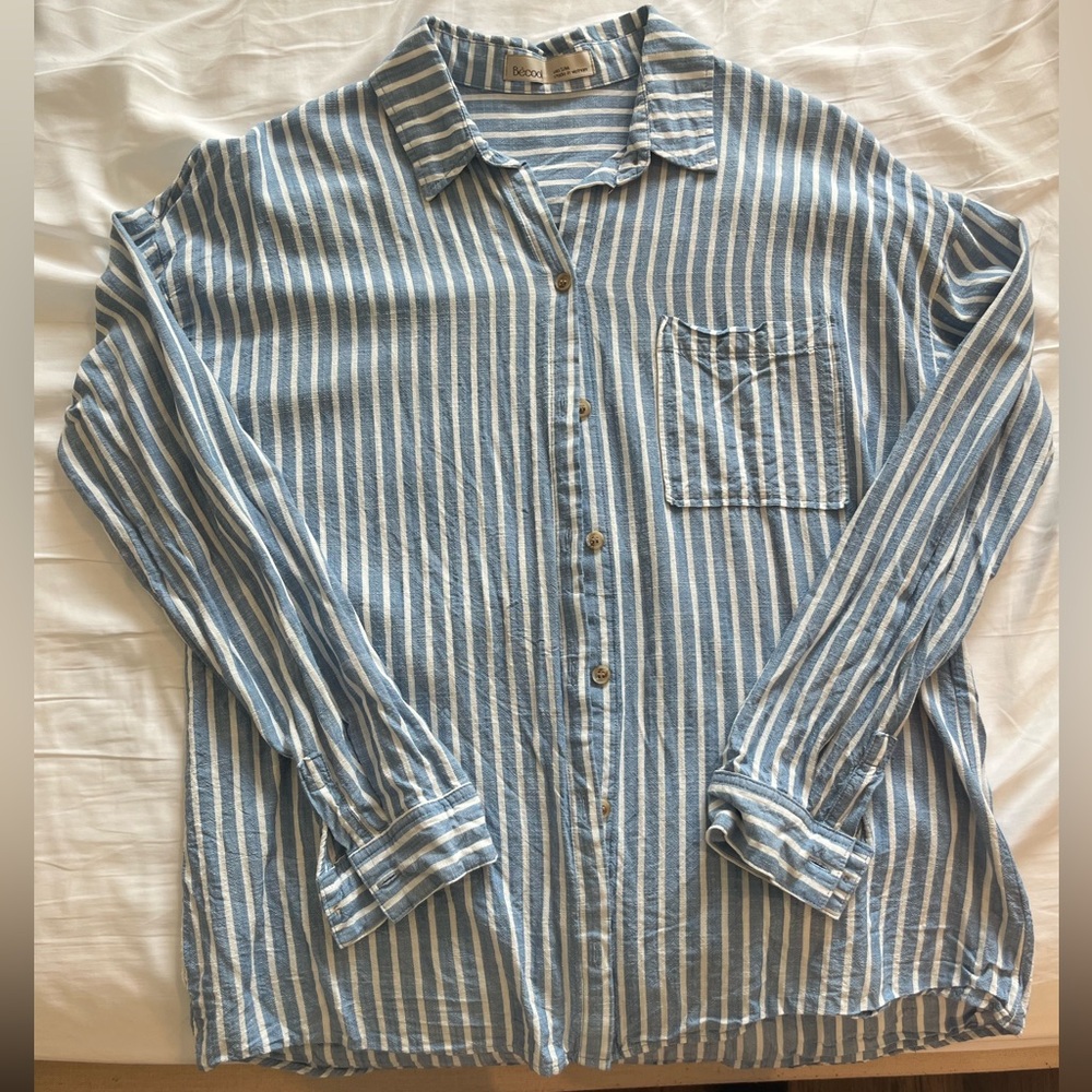 BE COOL Blue and White Striped Button Down Shirt